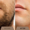 Before and after close-up of a man's face showing the smooth result of using sandalwood shaving cream for men.