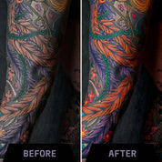 Tattoo Balm with lavender for vibrant tattoo care, showing before and after results on arm tattoo.