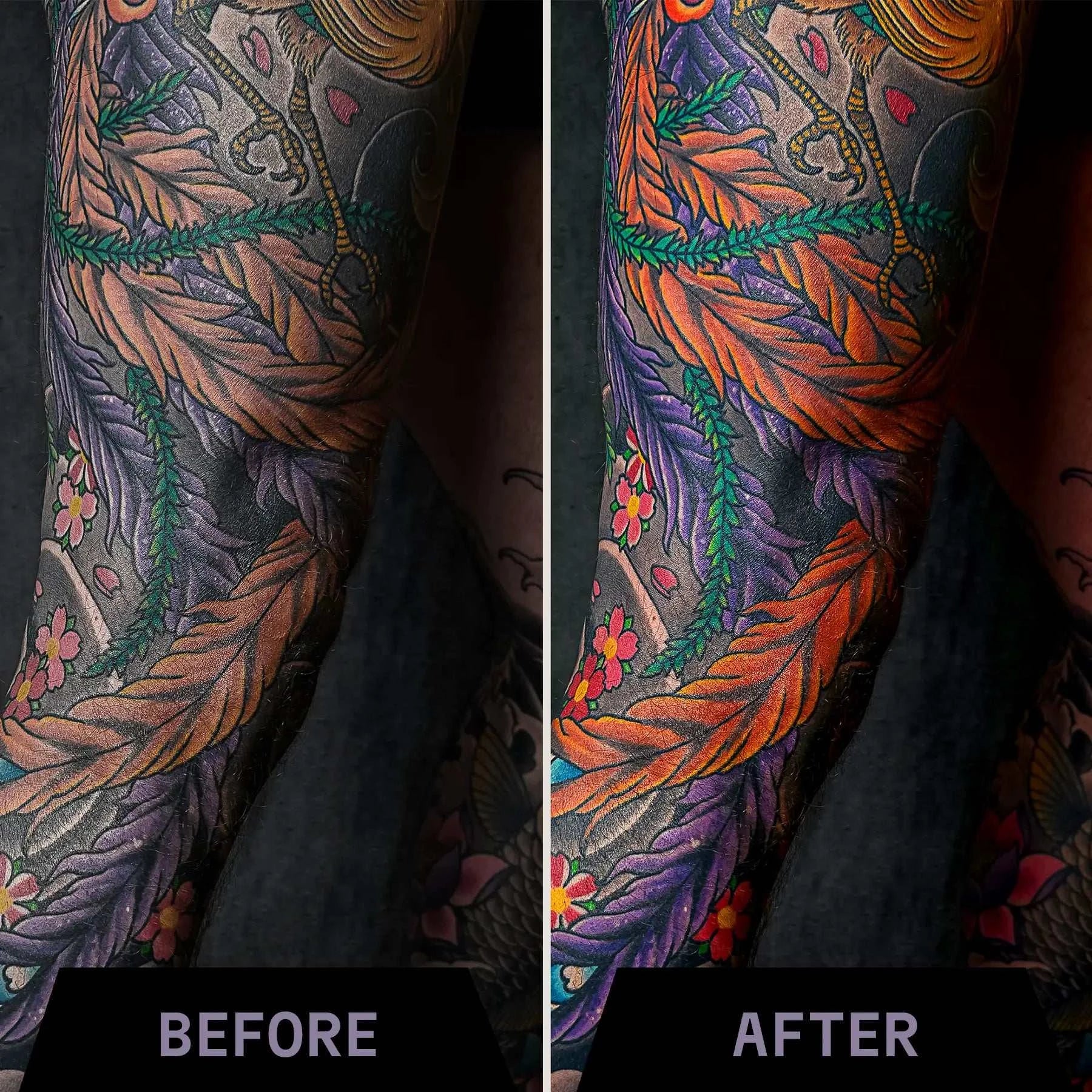 Tattoo Balm with lavender for vibrant tattoo care, showing before and after results on arm tattoo.