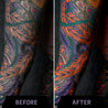 Tattoo Balm with lavender for vibrant tattoo care, showing before and after results on arm tattoo.
