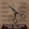 Premium 410C German steel mustache scissors with ergonomic handle and safety features for precise grooming.