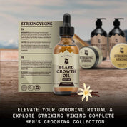 Beard Growth Oil for Men with Vanilla scent, promotes fuller, thicker facial hair with biotin and castor oil, deeply nourishing and conditioning.