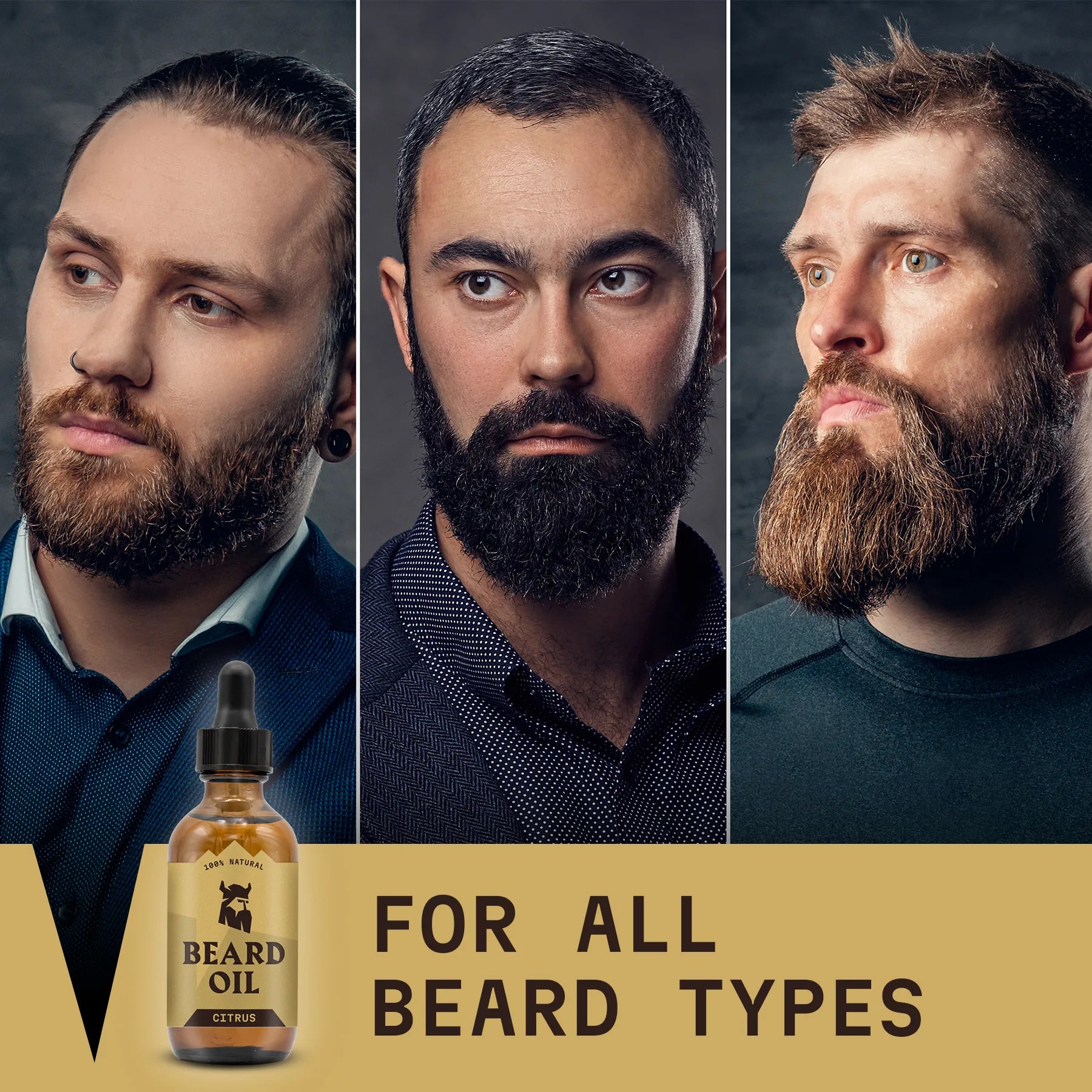 Citrus-scented beard oil for all beard types, softening and moisturizing with natural ingredients.