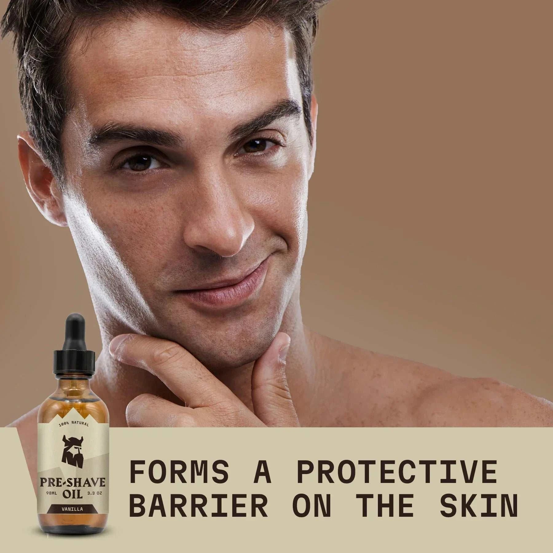 Pre Shave Oil for Men with Vanilla scent, provides protective barrier for irritation-free shave.