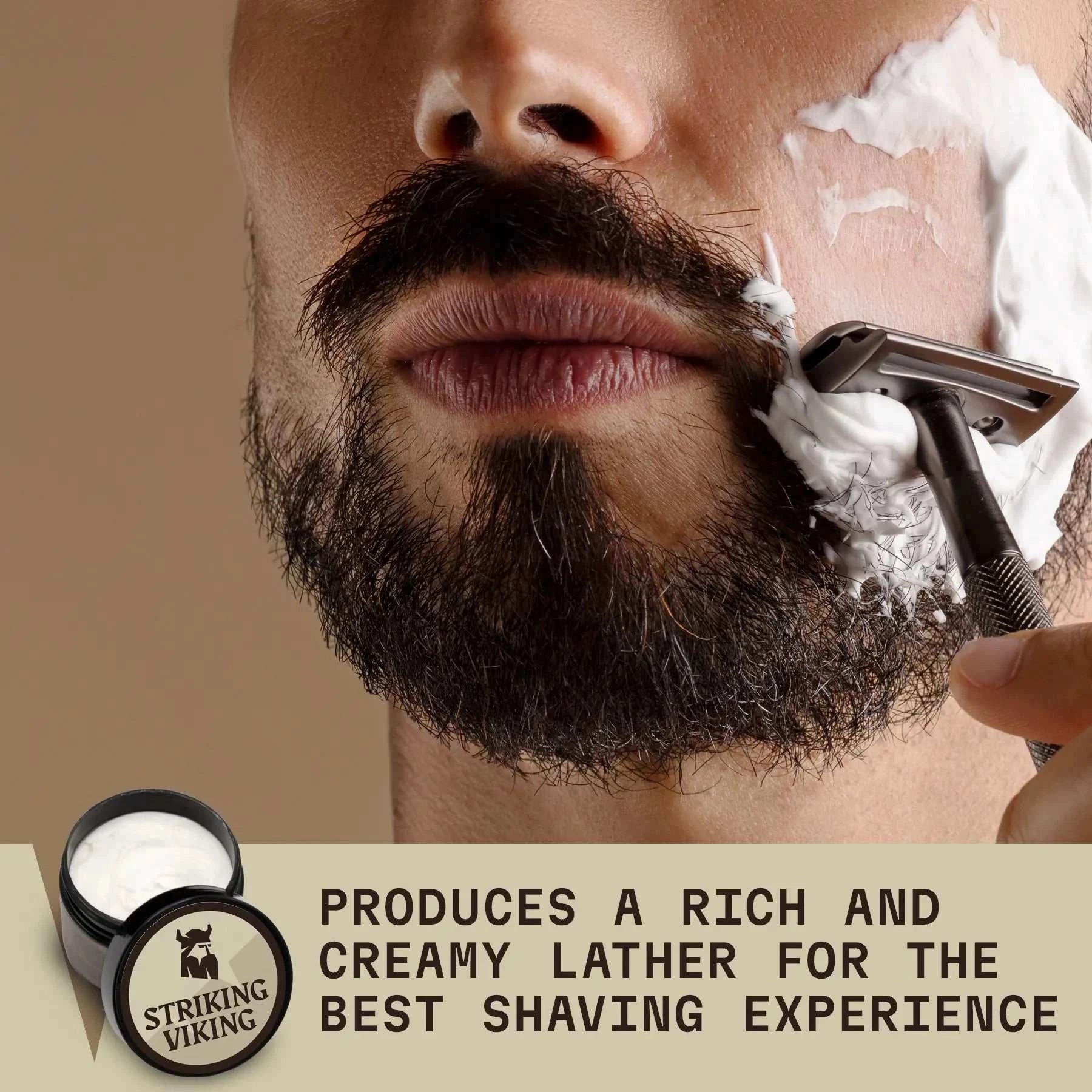 Vanilla scented shaving cream being applied to a man's face with a brush; product labeled Striking Viking.