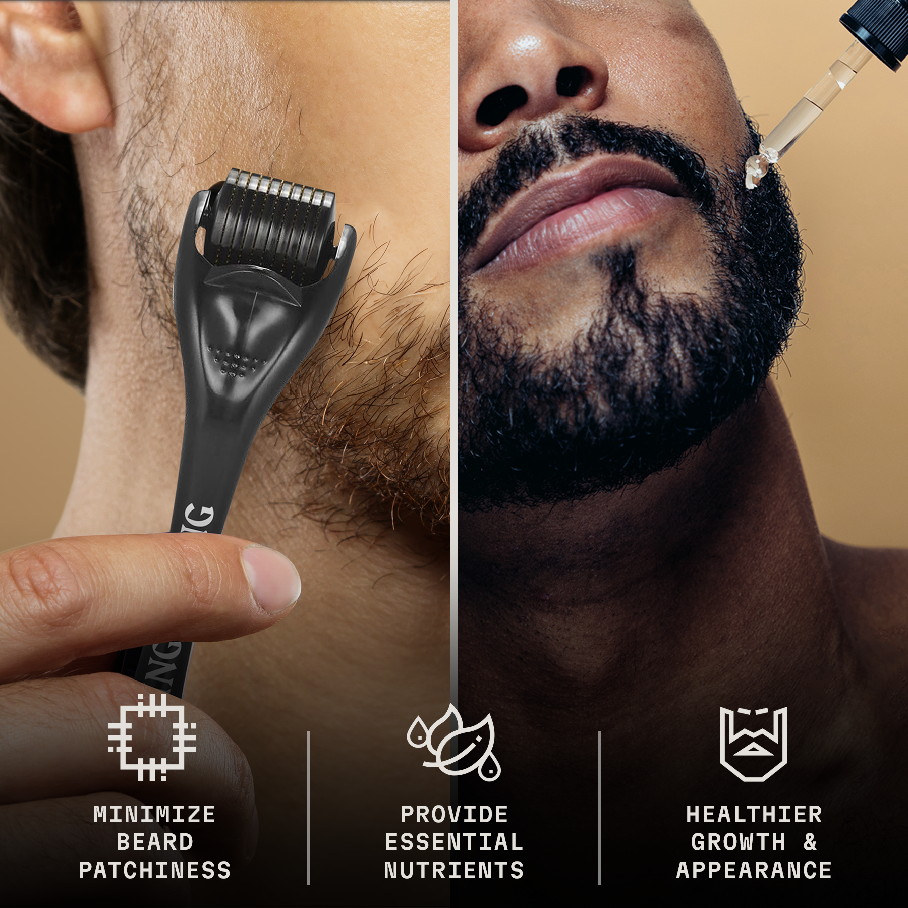 Beard Growth Kit with roller and serum for thicker, healthier facial hair.