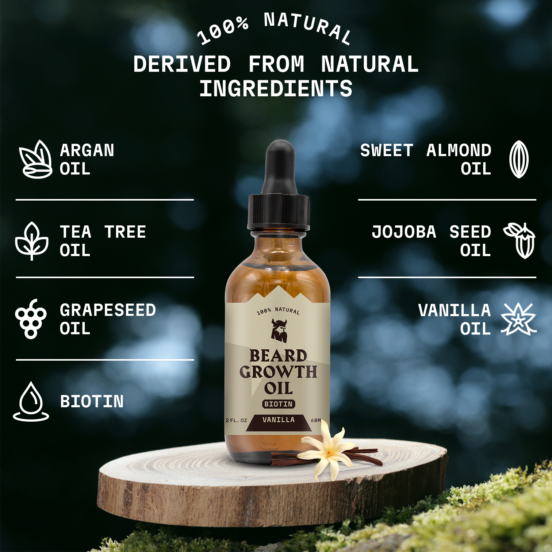 Beard Growth Kit Vanilla oil with natural ingredients like argan, sweet almond, jojoba, tea tree, grapeseed oils, and biotin.