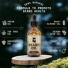 Vanilla beard oil bottle with natural ingredients listed; promotes beard health.