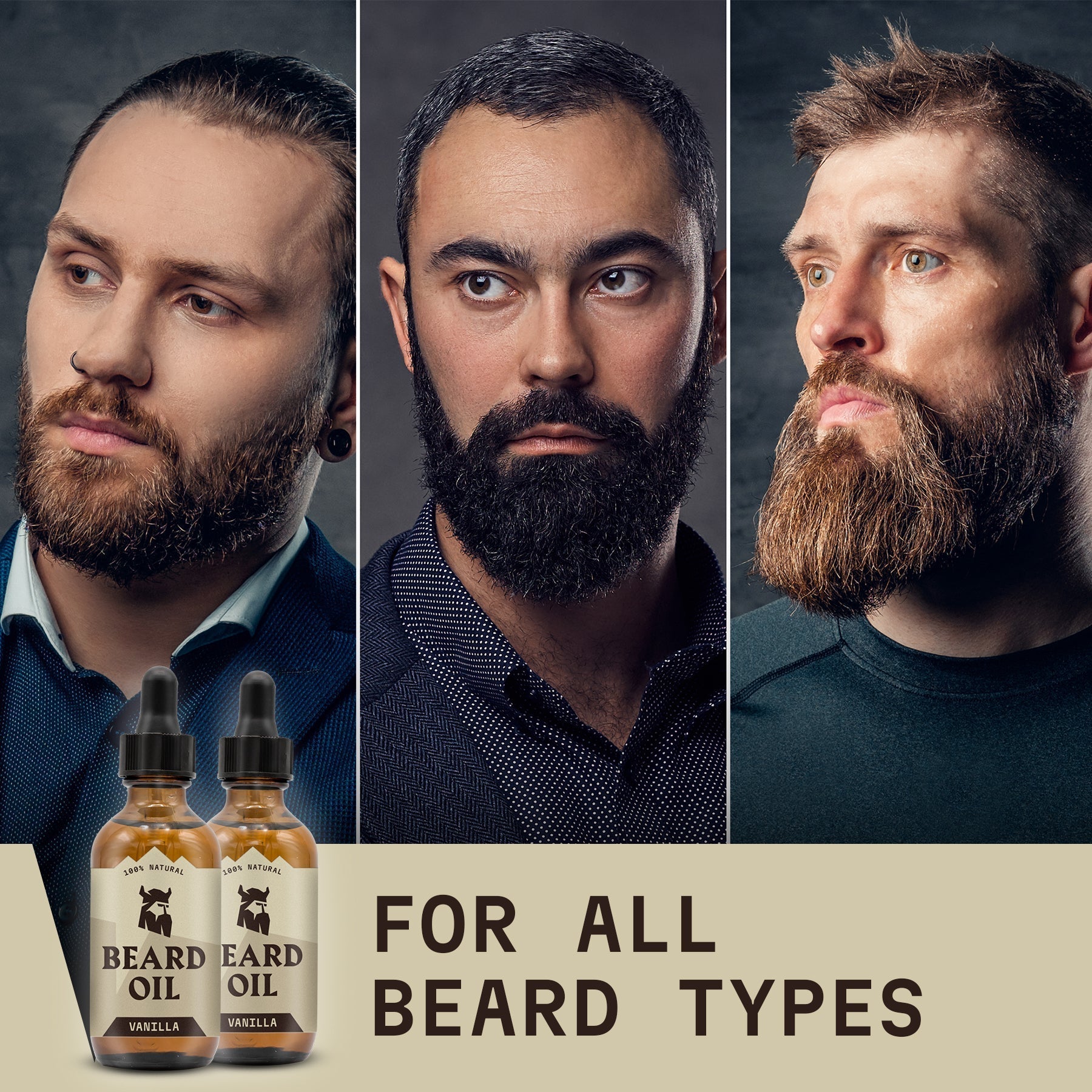 Bearded men showcasing the effects of vanilla beard oil, suitable for all beard types.