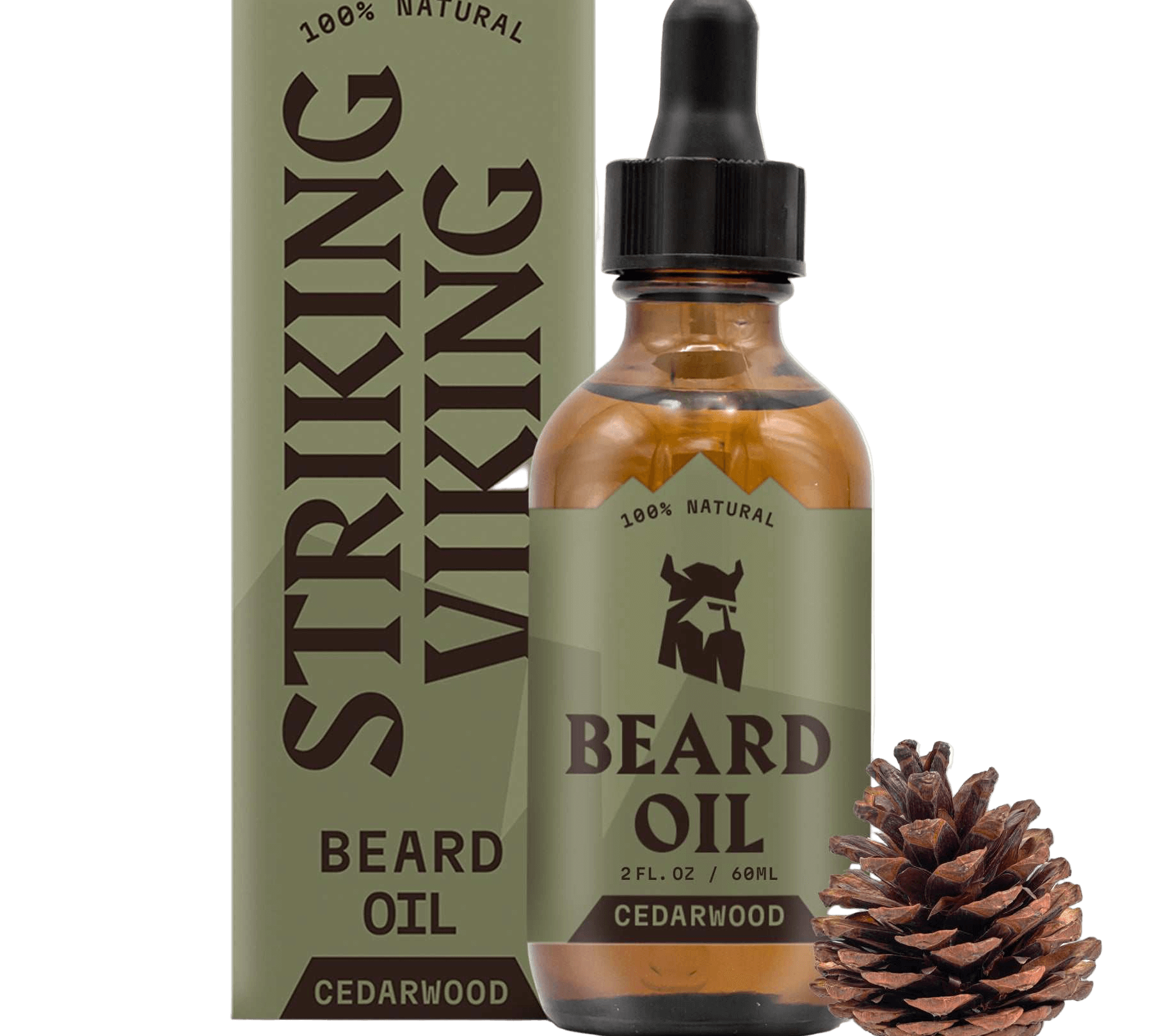 Striking Viking Cedarwood Beard Oil 2oz bottle with dropper and pine cone, all-natural organic formula for softening and moisturizing beard