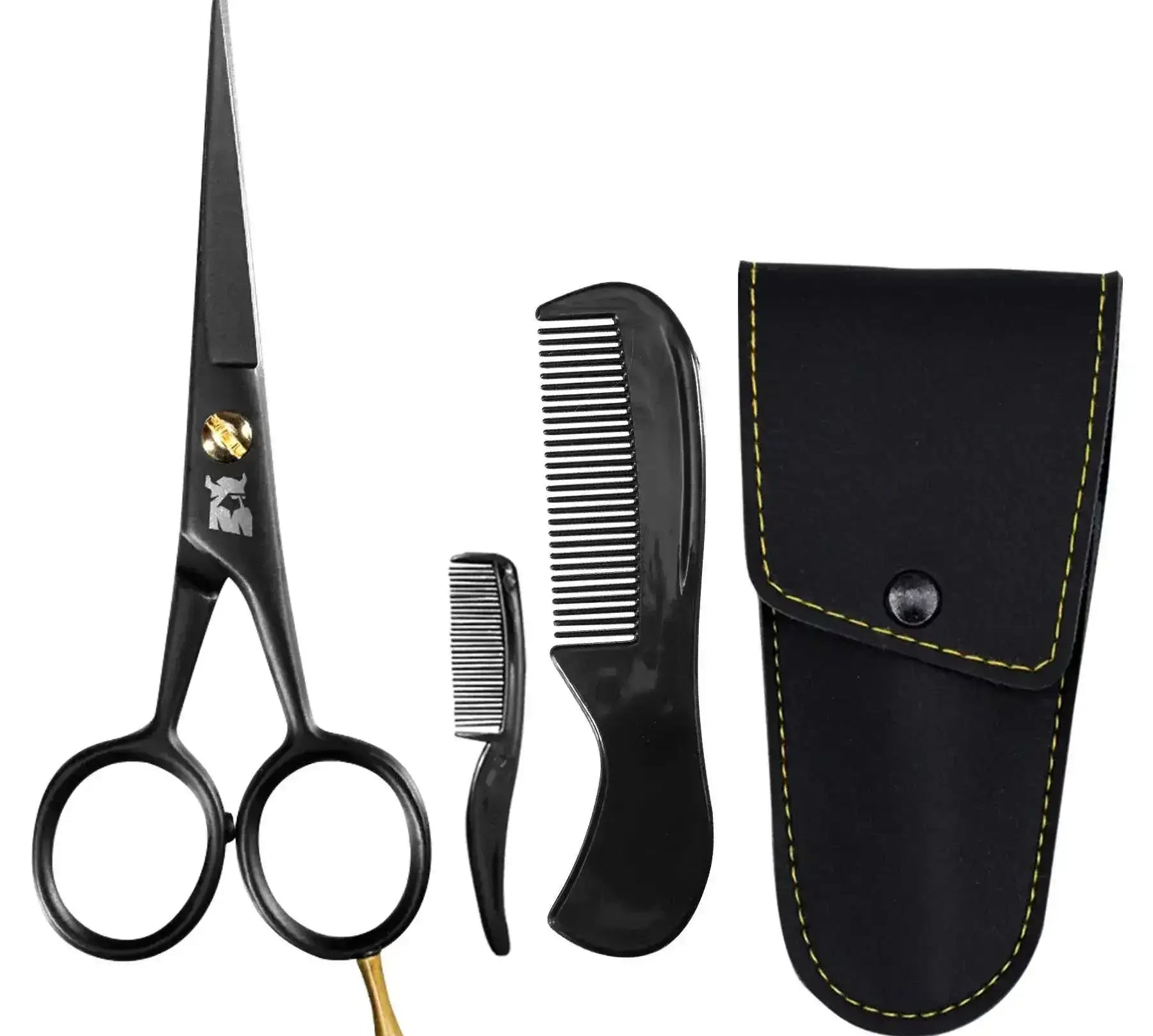 Mustache scissors set with stainless steel blades, mini comb, and synthetic leather case for precise beard grooming.