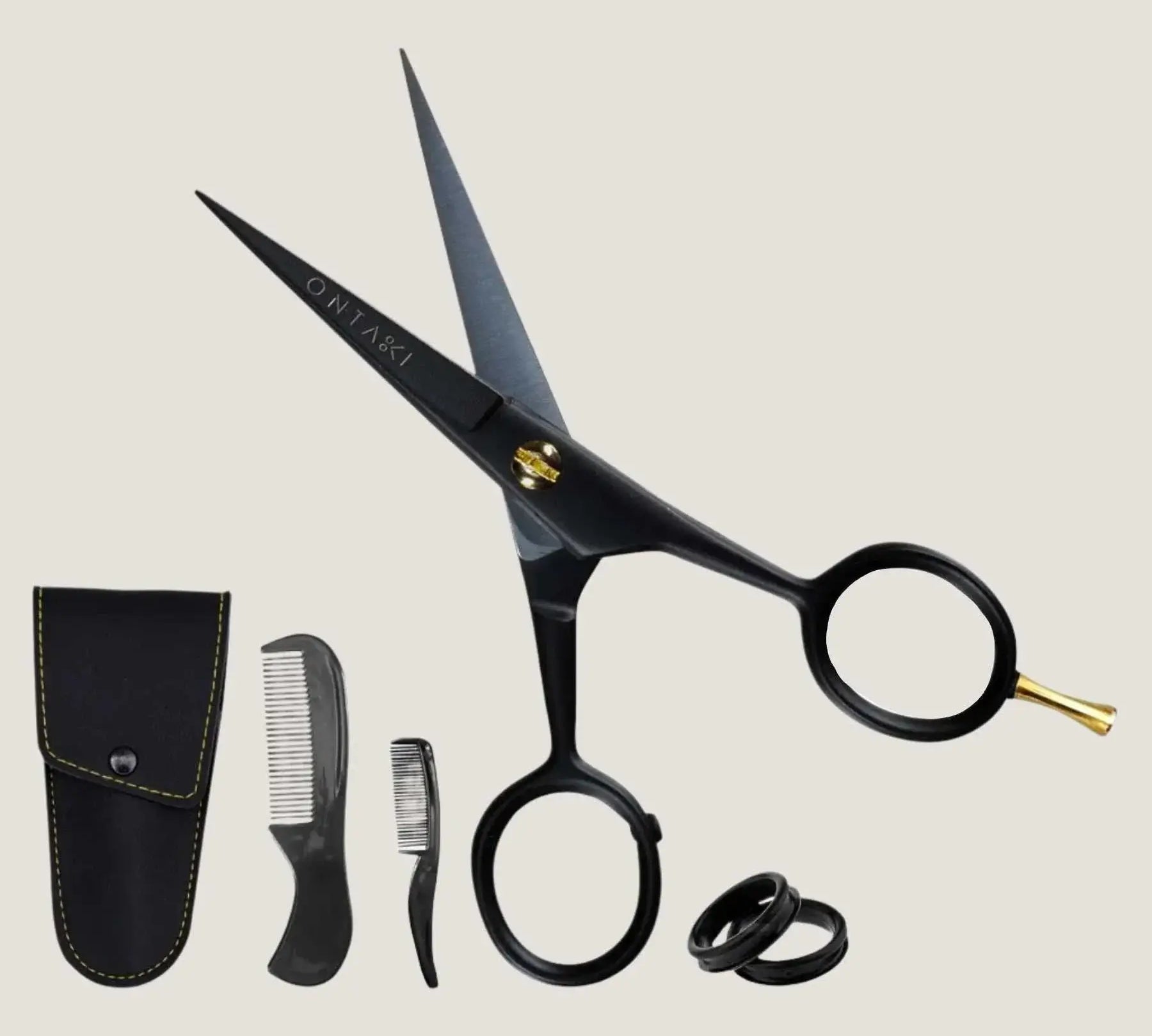 German steel beard and mustache scissors with finger rest, two combs, and black PU leather pouch set
