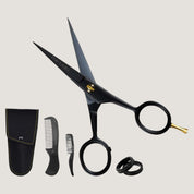 German steel beard and mustache scissors with finger rest, two combs, and black PU leather pouch set