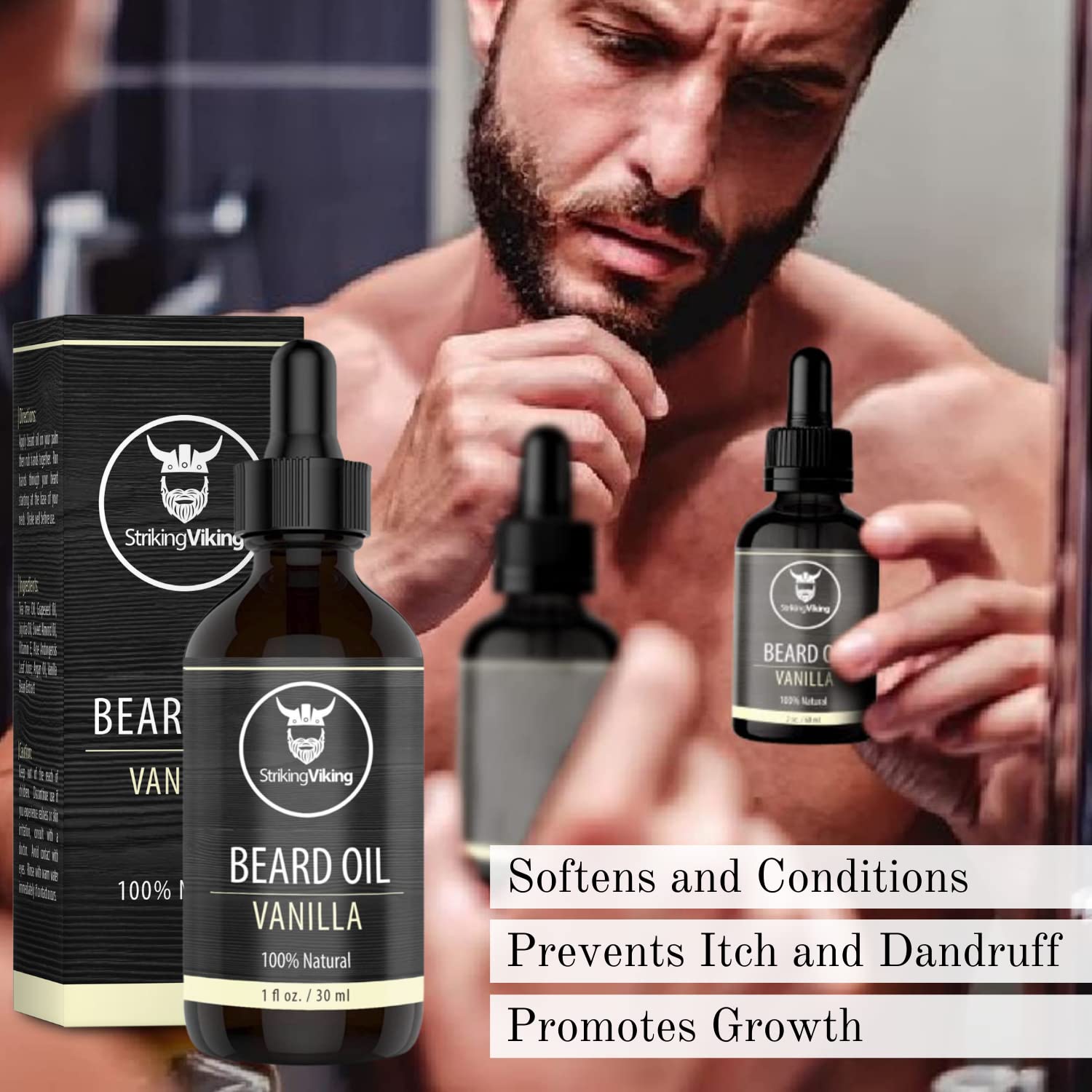 Beard oil and balm with vanilla scent for conditioning and styling.