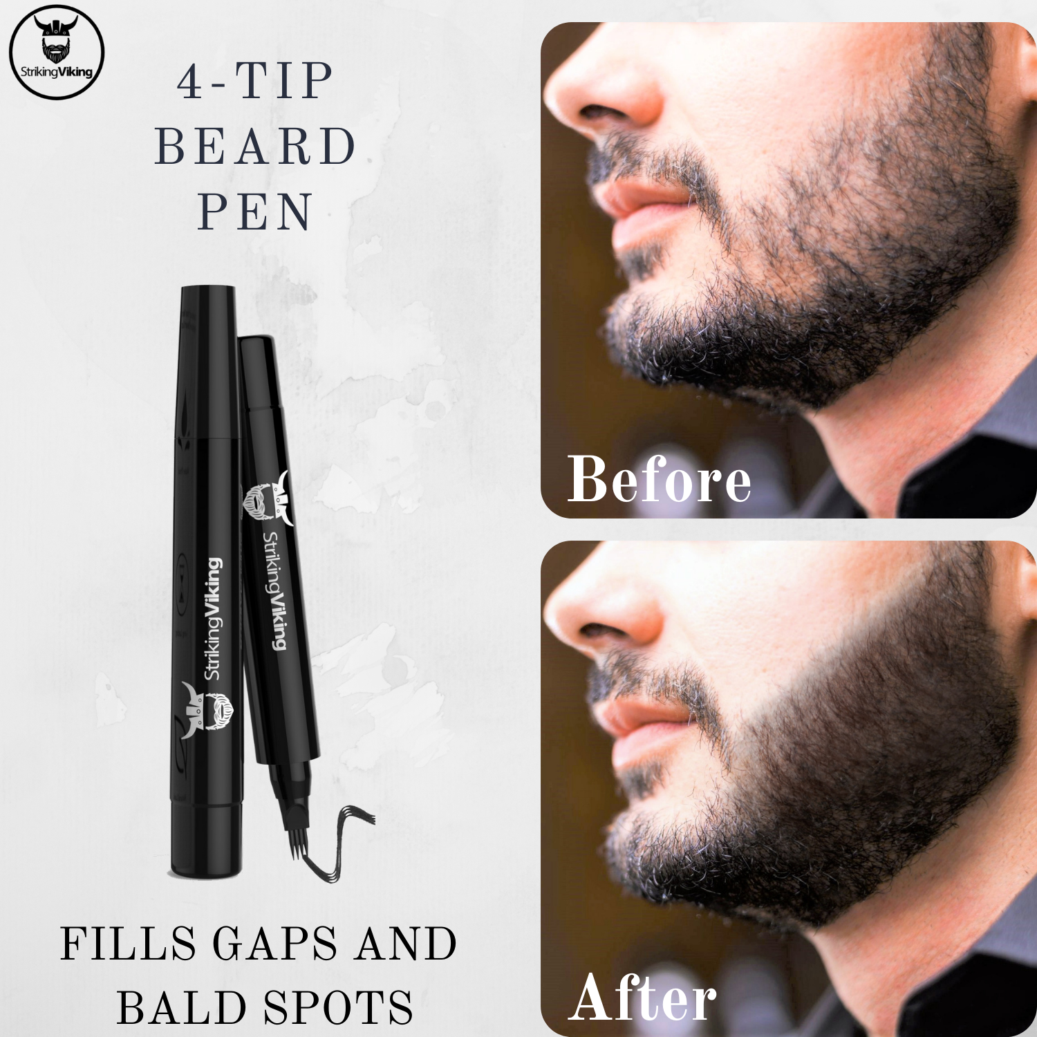 4-tip beard filler pen demonstrating before and after results, highlighting gap and spot coverage with a natural finish.