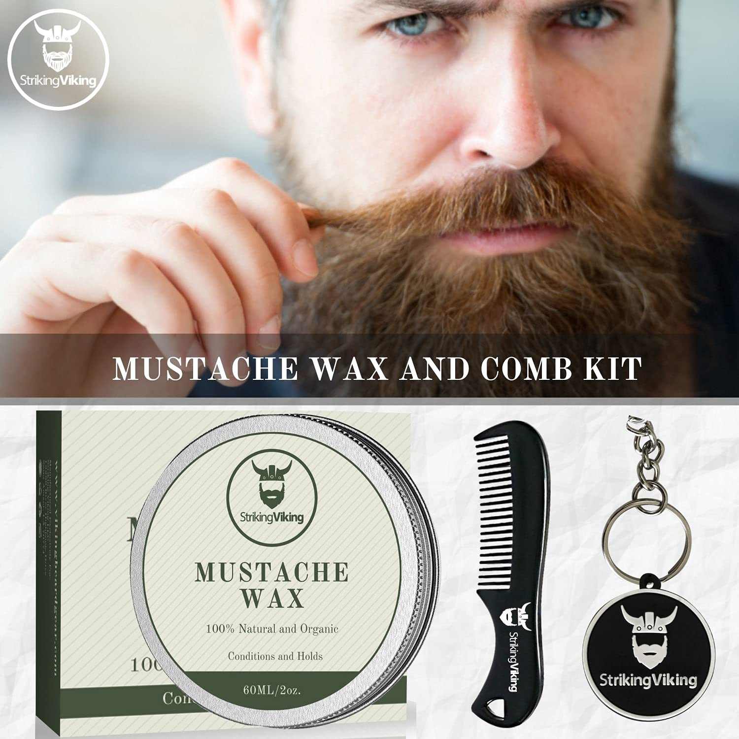 Mustache Wax and Comb Kit with vanilla-scented wax and mini comb for styling and conditioning.